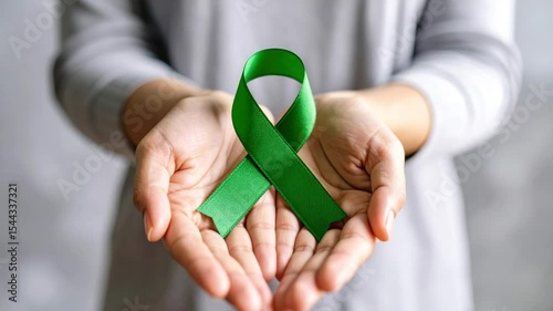 Green Awareness Ribbon in Hands Symbol of Support, Hope, and Awareness for Various Causes, Emphasizing Power of Persons Commitment
