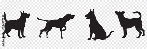 Set of silhouettes of dogs of different breeds in different poses. Set of pet silhouettes. Vector illustration. veterinary, Dog show, pet store, Isolated on white background. Variety dog silhouettes.