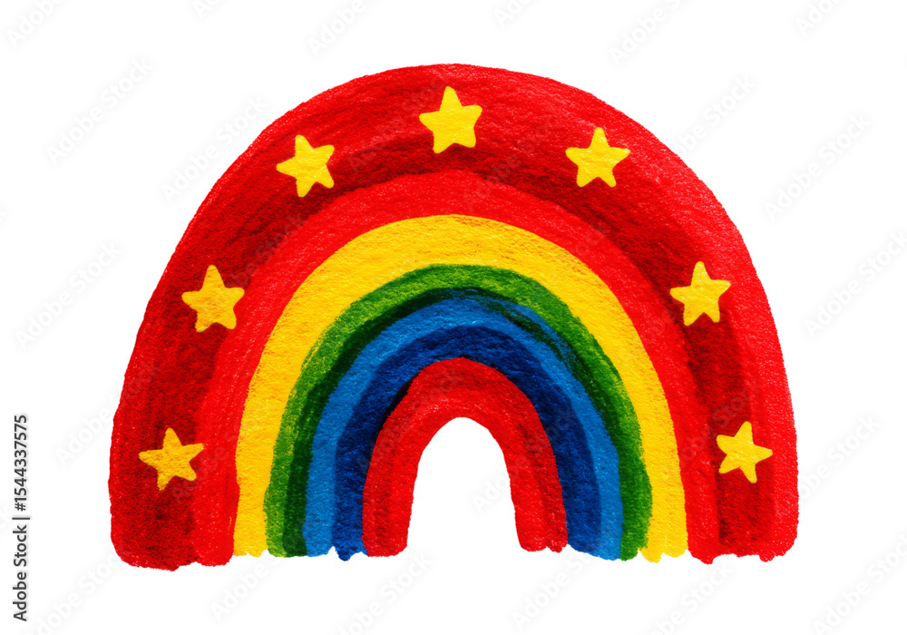 Fototapeta premium Colorful hand painted rainbow with stars childlike art, On Transparent Background, Png Image