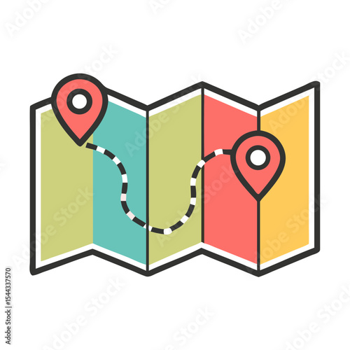 Colorful illustration of a travel route on a folded map with start and end location markers. A concept for journey planning and navigation.