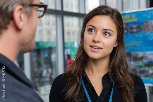 Young Woman Talking to a Man at a Conference or Trade Show