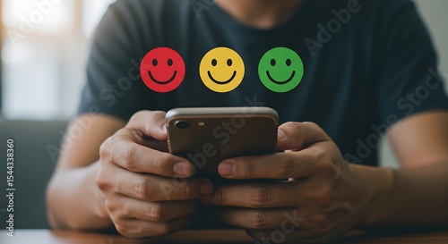 Customer review concept with a person holding a smartphone and smiley face feedback options