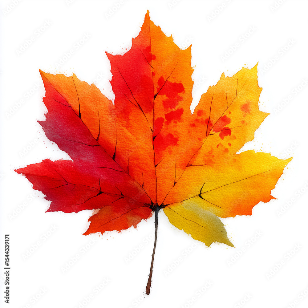 Fototapeta premium Watercolor autumn leaf in vivid seasonal colors, isolated on white background. Hand-painted botanical illustration suitable for eco design, greeting cards, packaging, textiles, or seasonal decor
