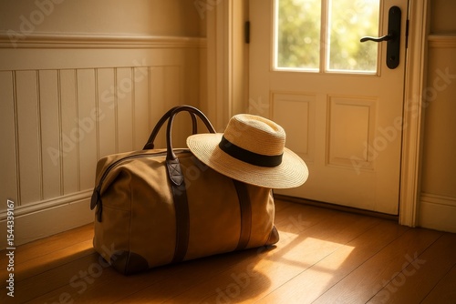 Travel bag and straw hat in warm sunlight by the door, ready for a summer trip or weekend getaway.

