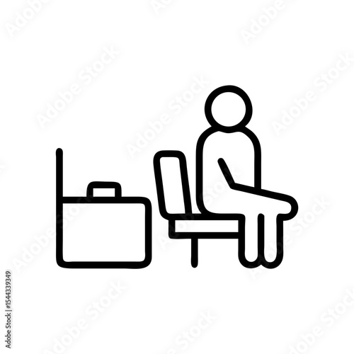 A line art icon depicting a human figure patiently sitting on a chair next to a briefcase, symbolizing waiting, recruitment, or a business meeting.