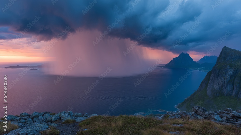 Fototapeta premium Moody rain cloud over scenic senja mountain landscape in northern norway
