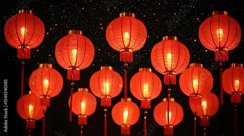 Nighttime festival scene in Gion illuminated by countless red lanterns under a breathtaking sky of scattered stars