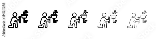 Plumber repairing pipe icon black and white vector sign
