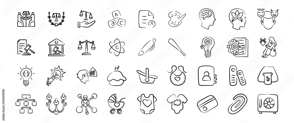 Black and White Hand Drawn Icon Bundle 202 Diverse Set Black and White Hand Drawn Icon Bundle 202 Diverse Set