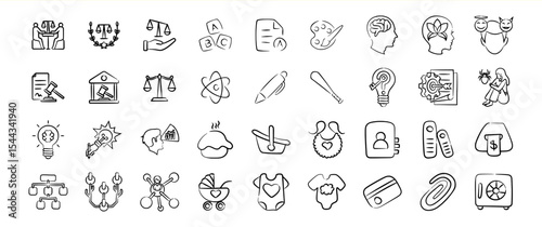 Black and White Hand Drawn Icon Bundle 202 Diverse Set