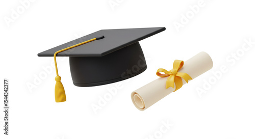 Graduation cap and diploma scroll in cartoon 3D style representing academic achievement and success isolated on a transparent background, png, cutout.