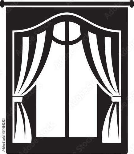Window with curtains silhouette isolated on white background