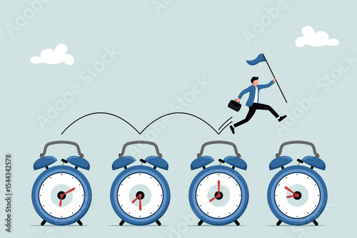 Time management, procrastination or work productivity, finish project within deadline, work efficiency or planning, fa project concept, businessman expert jumping on time passing alarm clock.
