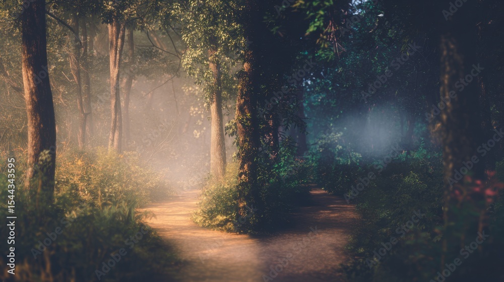 Naklejka premium Serene forest scene with contrasting atmospheres divided by a dirt path, warm golden sunlight filtering through trees on one side, cool blue light creating a mysterious ambiance on the other.