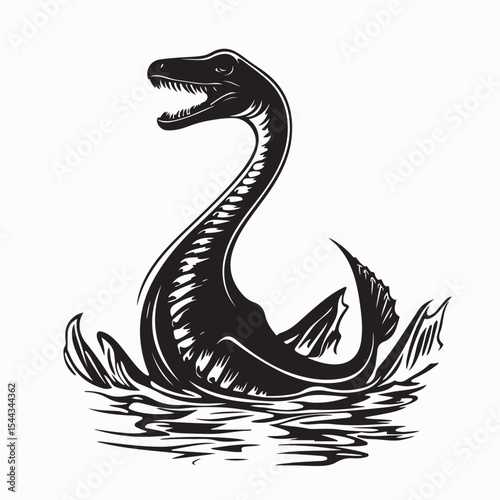 Black and white Plesiosaurus Dinosaur Ocean Vector Images Isolated on white background.