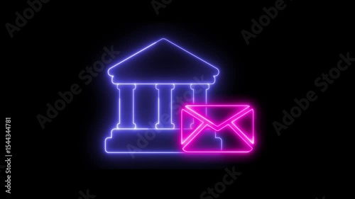 Neon light effect animation of bank icon with mail envelope