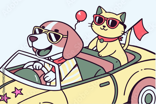 Dog and cat wearing sunglasses are joyfully riding together in a colorful toy car parade float, showcasing a fun and playful atmosphere with vibrant colors and cheerful expressions
