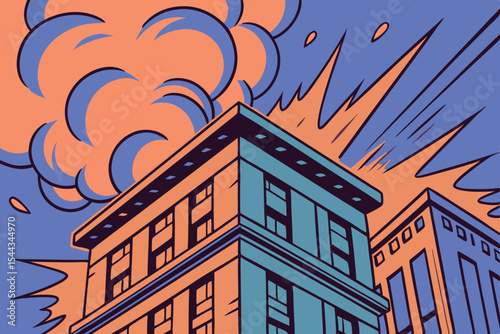 Dramatic urban explosion with building partially collapsing, fiery cloud rising, dark smoke billowing, showcasing chaos and destruction in a vibrant cityscape