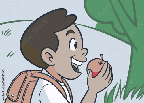 Boy with backpack joyfully eating an apple, smiling brightly, surrounded by greenery, showcasing a cheerful welcome back to school atmosphere with vibrant colors and playful expression