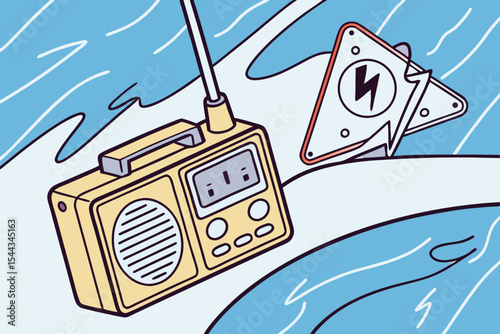 Emergency radio broadcasting flood alert with rising water near electrical socket, highlighting the urgency of safety measures during natural disasters and potential hazards