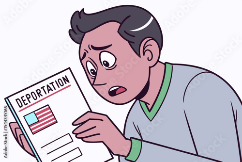 Hispanic man with worried expression holding deportation notice, hands trembling slightly, conveying anxiety and concern about immigration status and future uncertainty