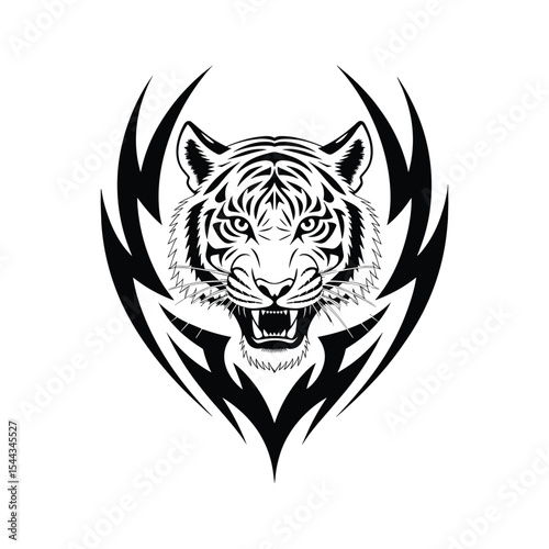 Aggressive Tiger Head Tattoo Design – Black and White Tribal Vector.