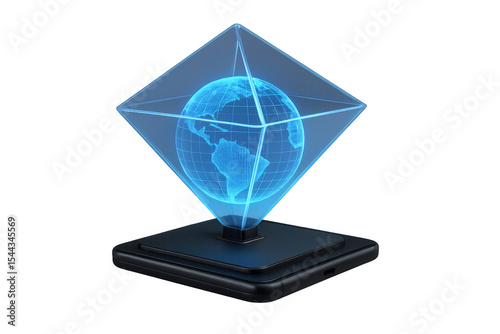 Hologram of planet earth rotating inside a glass pyramid on a smartphone with transparent background