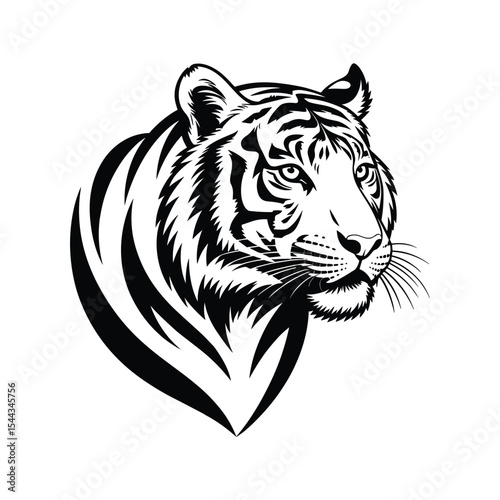 Black and White Vector Illustration of a Fierce Tiger Head in Side View.