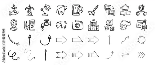 Hand Drawn Icon Set Collection of Arrows Technology and Nature Symbols