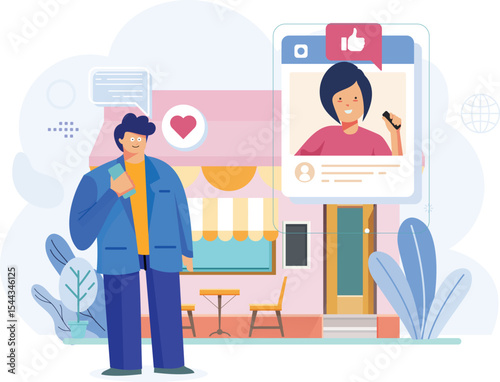 Social Media Shop Review Illustration – Customer Feedback and Online Store Rating Concept