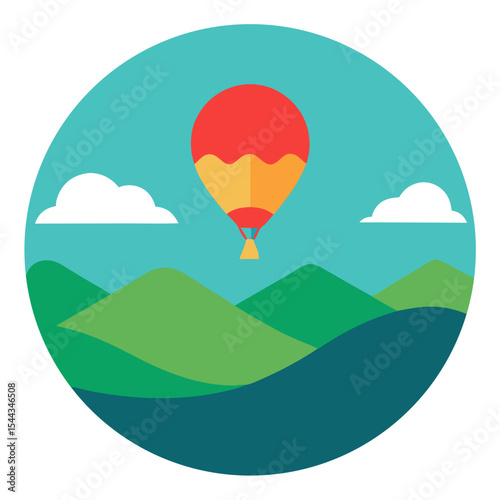 Hot air balloon over rolling green hills