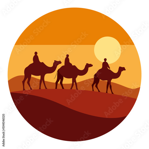 Camel caravan silhouette at sunset in desert landscape