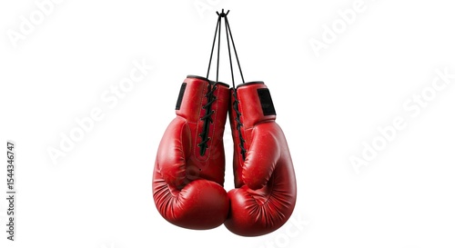 Hanging Red Boxing Gloves Isolated on White Background Depicting Strength and Ready to Compete in Sport