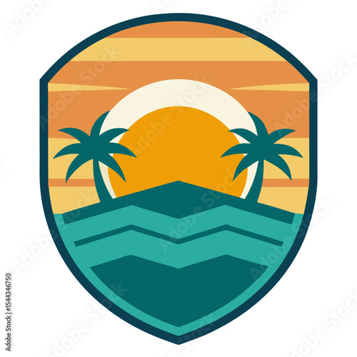 Tropical sunset beach scene badge design illustration