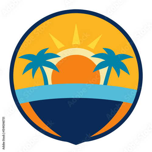 Tropical sunset beach scene badge design