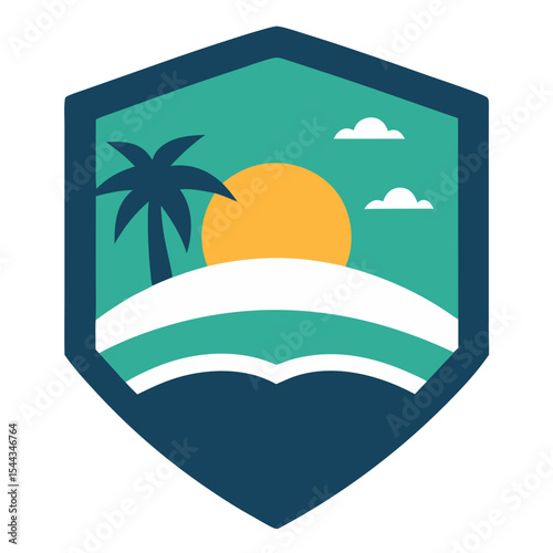 Tropical beach sunset emblem design illustration