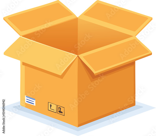 isometric vector illustrations of cardboard box in various states: open, partially open, and closed, with different angles and light reflections
