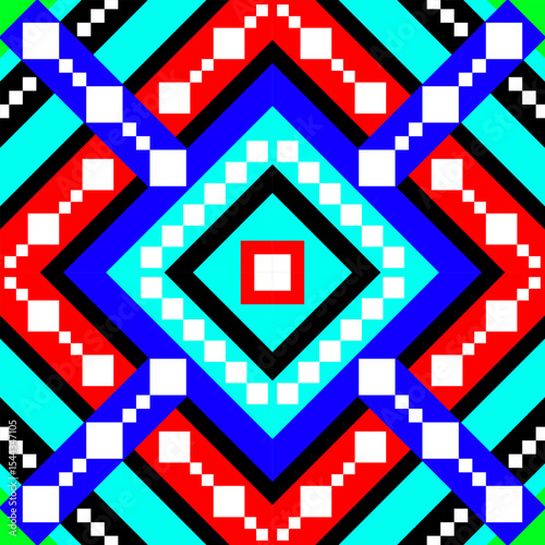 A bold pixel seamless pattern featuring diamond shapes in red, turquoise blue, and black on a symmetrical grid layout.