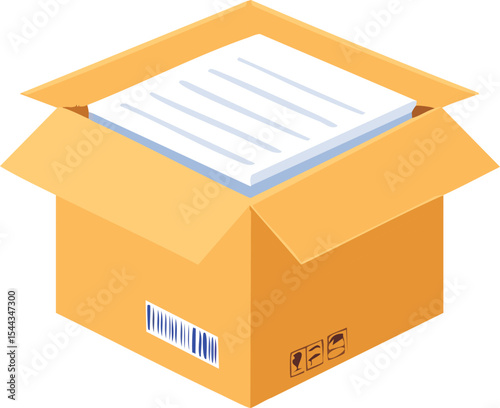 isometric vector illustrations of cardboard box in various states: open, partially open, and closed, with different angles and light reflections