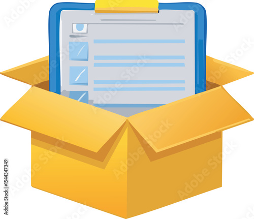 isometric vector illustrations of cardboard box in various states: open, partially open, and closed, with different angles and light reflections