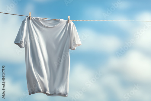 Plain White T-Shirt Hanging on Clothesline in Sky