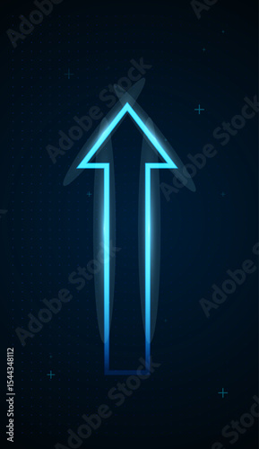 A massive, solid blue arrow pointing sharply upward against a light background, symbolizing strong financial growth and market confidence ideal for trading visuals and investment report