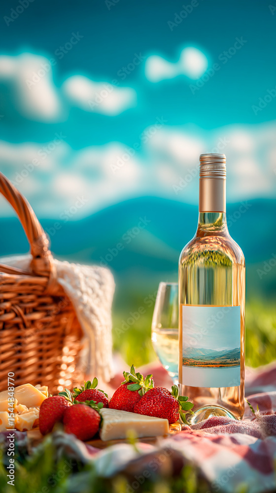 Naklejka premium Picnic with white wine, strawberries, and cheese in nature.