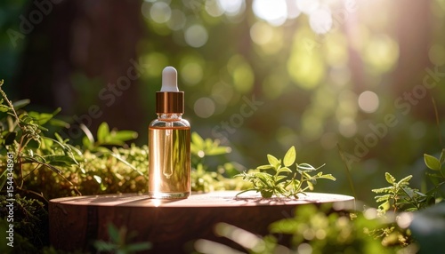 Elegant serum bottle displayed in a sunlit forest, highlighting natural beauty and skincare.