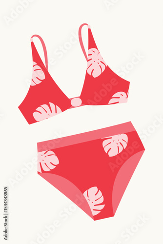 Red female swimsuit with tropical print. Isolated element for design. Summer, vacation, rest concept.