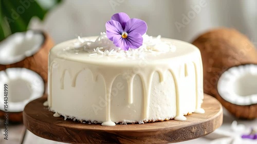 Beautifully Decorated Coconut Cake with White Icing and Purple Flower on Wooden Stand, Perfect Dessert Display with Tropical Theme