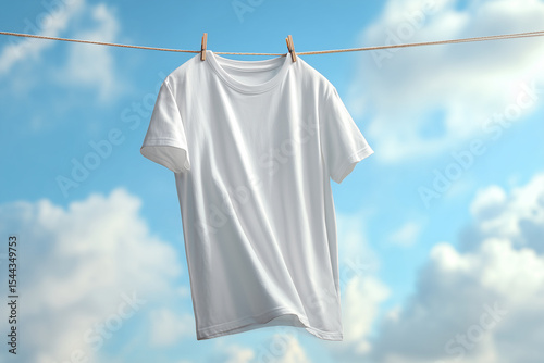 Freshly Washed White Shirt on Line With Puffy Clouds