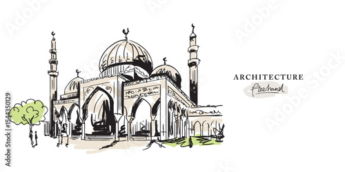 Islamic architecture mosque freehand drawing, Sketch Hand drawn Drawing design.