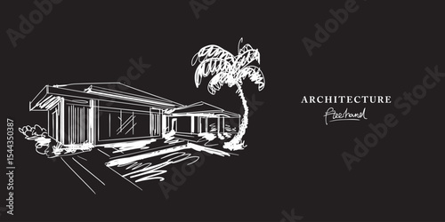 Beach villa architecture design freehand drawing, Sketch Hand drawn Drawing design.
