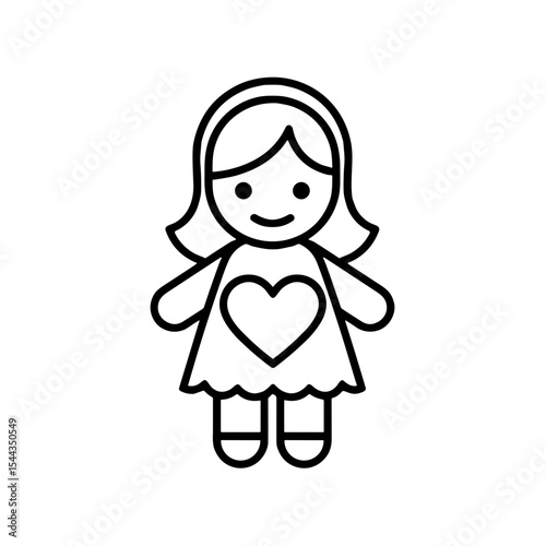 Cartoon girl doll with heart design in minimal line art style  